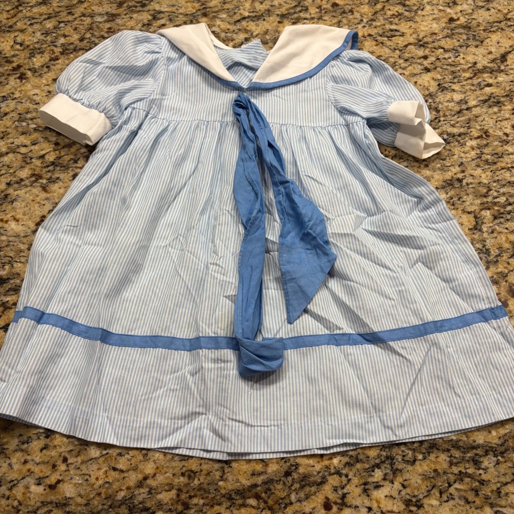 Vintage Girls Fashions Blue White Pinstripe Sailor Dress Bow Nautical Size 5 USA